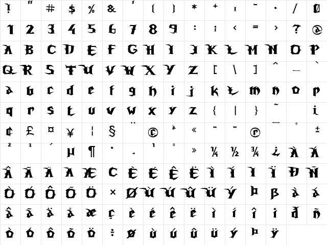 Unreal Tournament Regular  glyph index