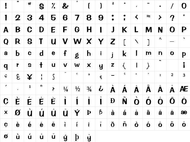 RachelNew92 Regular  glyph index