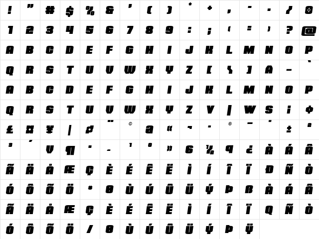 Elephant Gun Semi-Italic Regular  glyph index