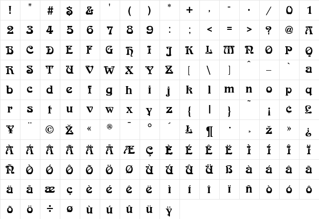 Bocklin Regular  glyph index