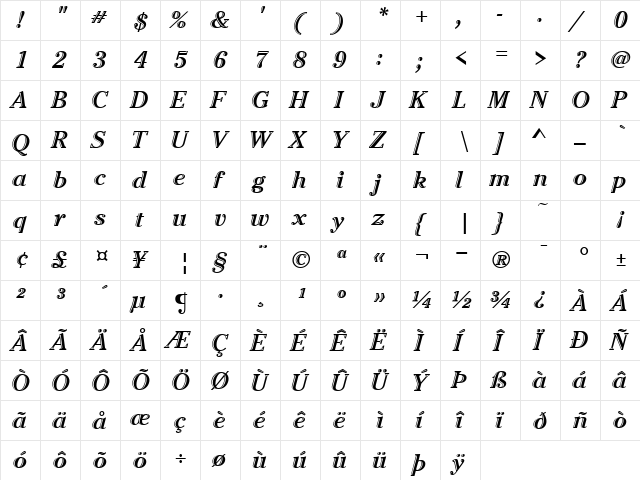 Cheltenham Hand ICG Italic  glyph index