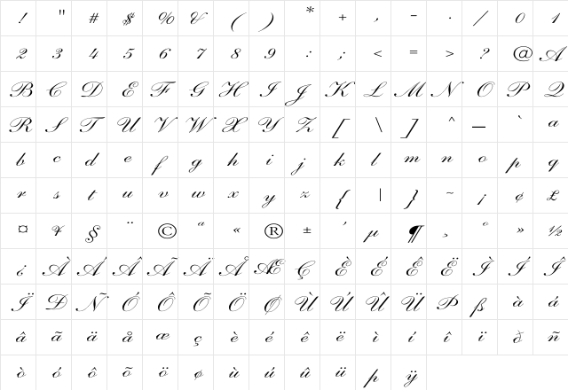 Shelley-AndanteScript Wd Regular  glyph index