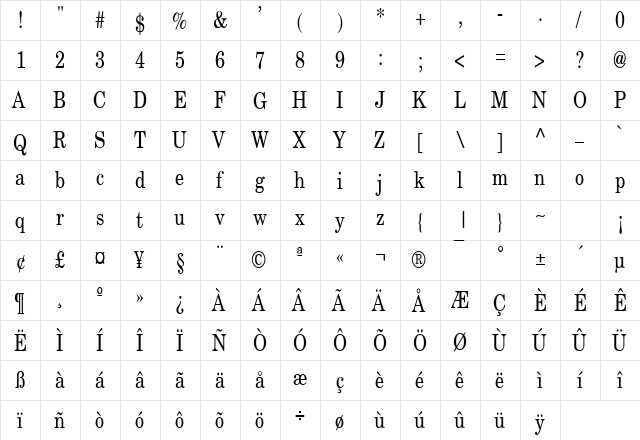 New Boston Thin Normal  glyph index