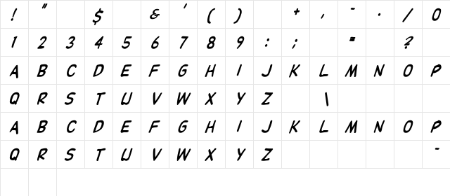 DupuyBALloon-Italic Italic  glyph index