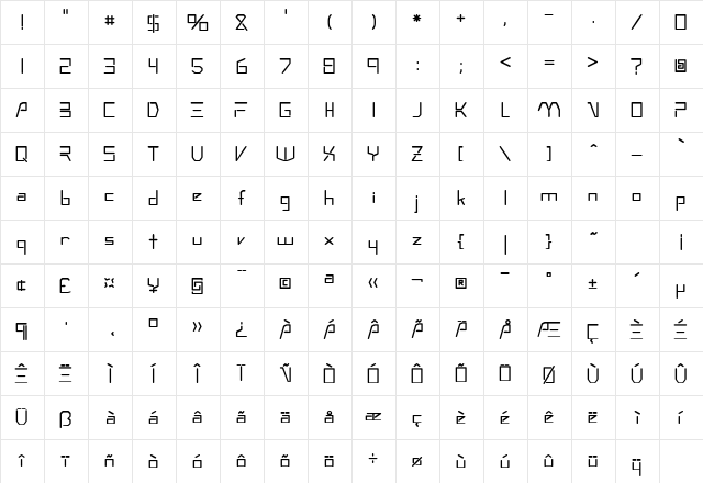 TechnoSSK Regular  glyph index