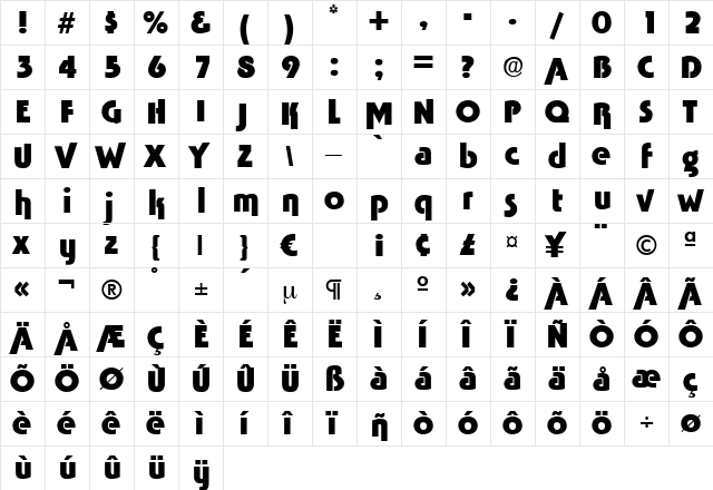 TabascoBold Regular  glyph index