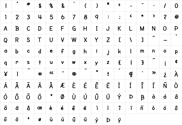 SF Cartoonist Hand Bold  glyph index