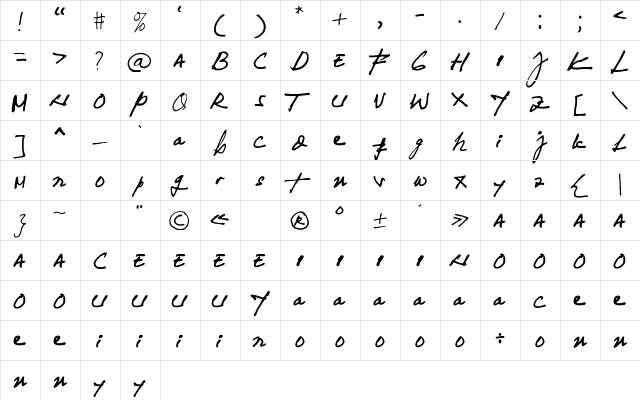 Yuqato Handwriting Regular  glyph index