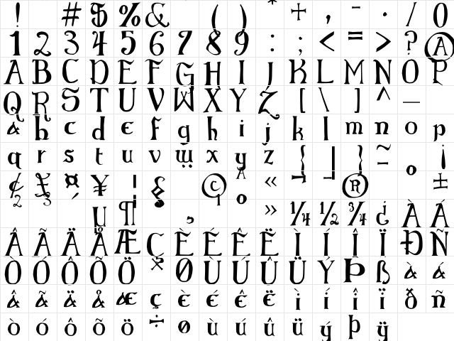 Elementary Gothic Regular  glyph index