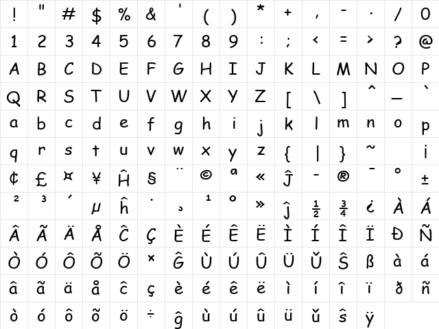 Comic Sans MS Eo Regular  glyph index