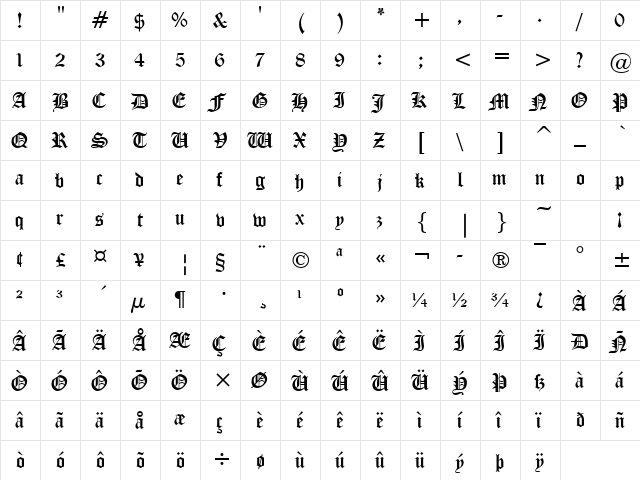 Victorian Bold  glyph index