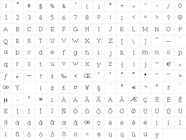 Infant Regular  glyph index