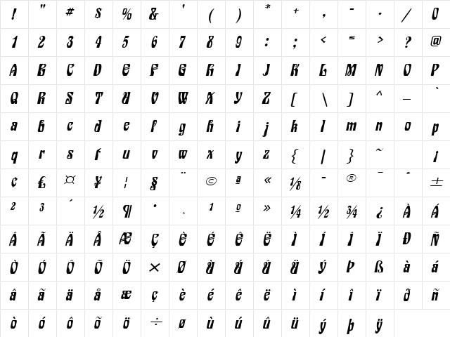Epic Wide Italic  glyph index