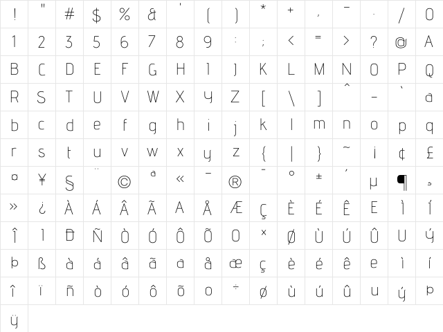 Advent Pro ExtraLight  glyph index