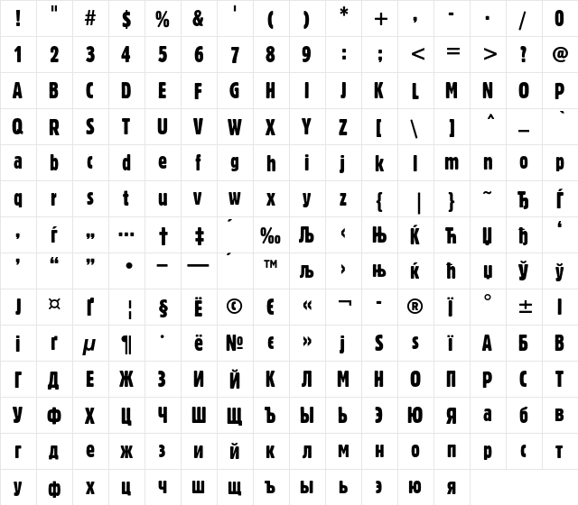 BlocExtCondC Regular  glyph index