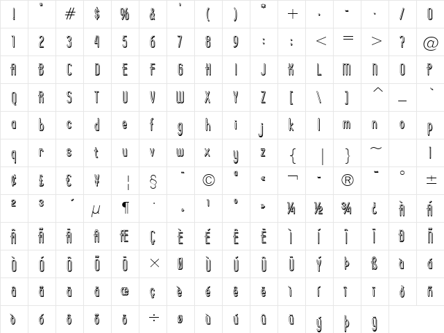 Operator Nine BTN Shadow Regular  glyph index