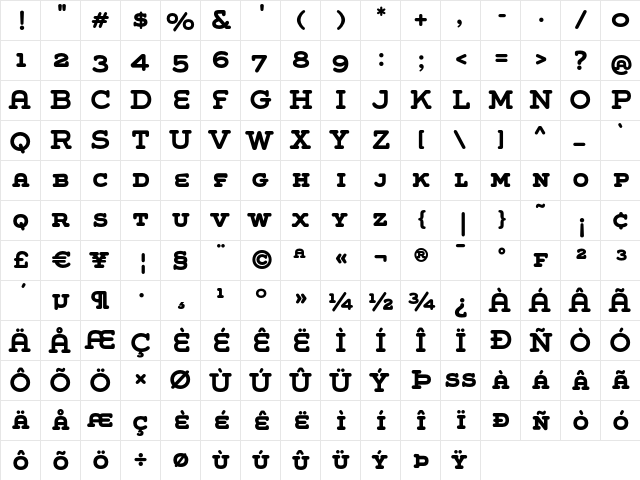 Grover Slab Caps Bold  glyph index