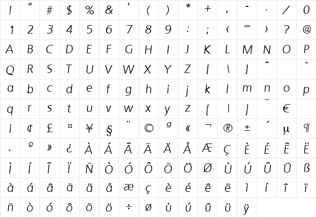 Quebec-LightIta Regular  glyph index
