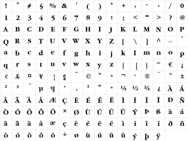 Garamond LT Bold  glyph index
