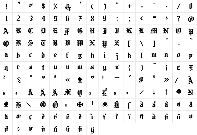 Helena Bold Bold  glyph index