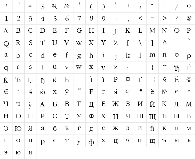 CyrillicGaramond Normal  glyph index
