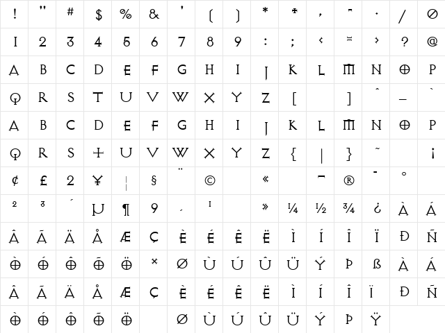 ExocetLight Regular  glyph index
