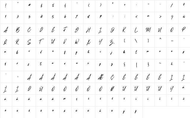 Brushfox Font Regular  glyph index