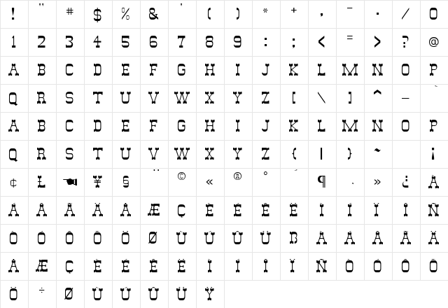 Dryad Regular  glyph index