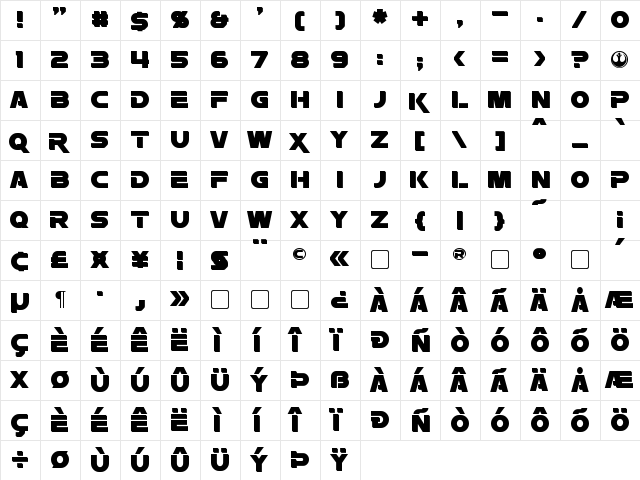Rebellion Regular  glyph index