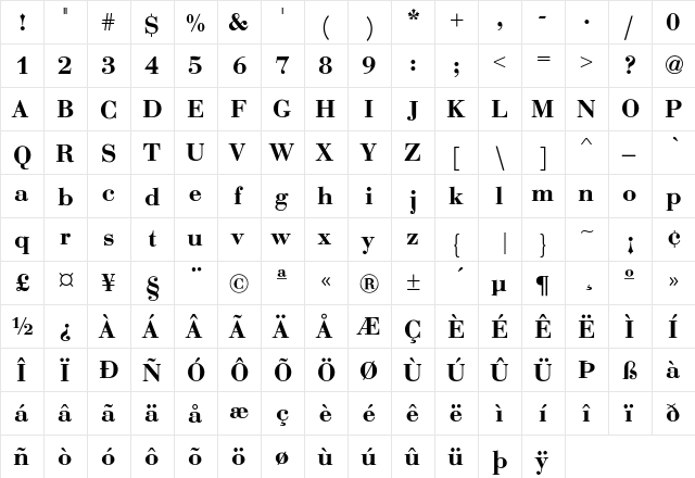 Bodoni-Bold-DTC Regular  glyph index
