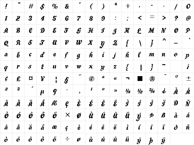 True Grit ITC TT Regular  glyph index