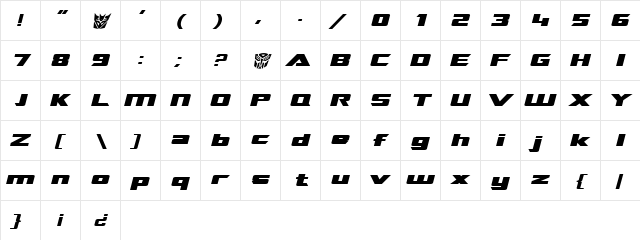 TransRobotics Extended Italic  glyph index