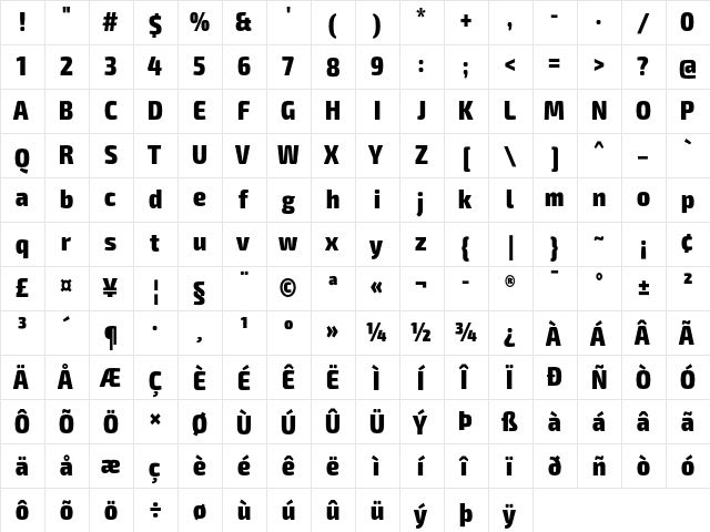 Exo 2 Extra Bold Condensed  glyph index