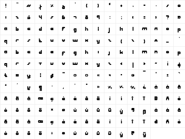 uni-sol condensed condensed  glyph index