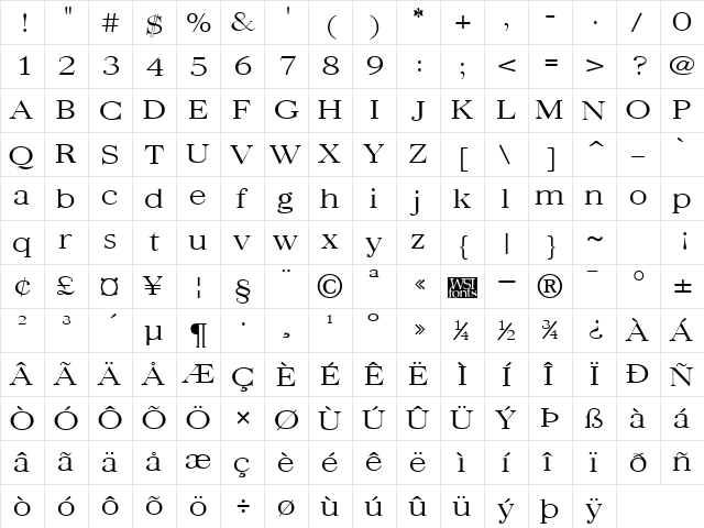QuantasBroadLight Regular  glyph index