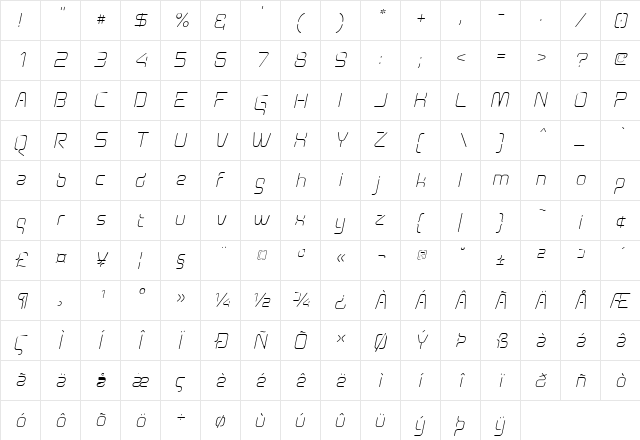 Aunchanted Thin Oblique Regular  glyph index