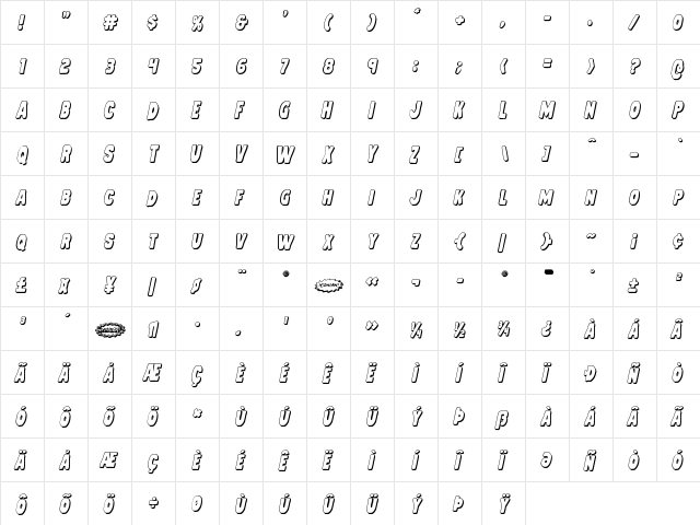 Mystery Mobile 3D Italic Italic  glyph index