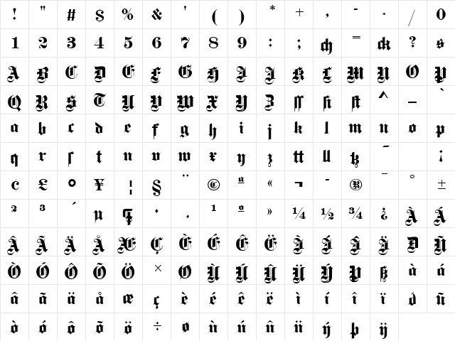 FetteGotisch Regular  glyph index