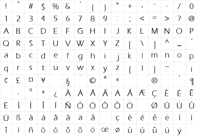 Eros Regular  glyph index