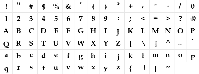 Grunge Petina Bold Regular  glyph index