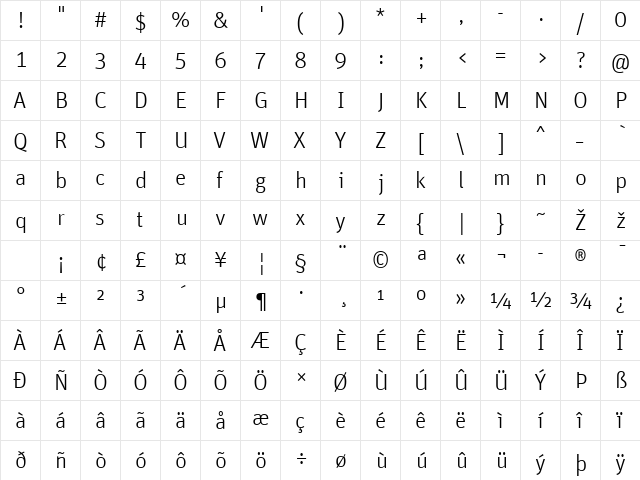Unit-LightTF Regular  glyph index