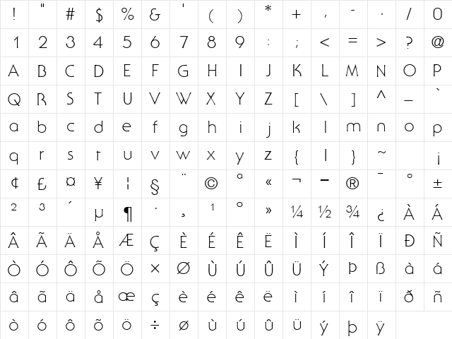 UbiqGothicLightSSi Regular  glyph index