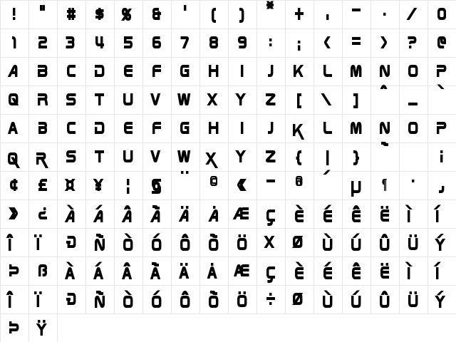 Zebulon Condensed Bold  glyph index