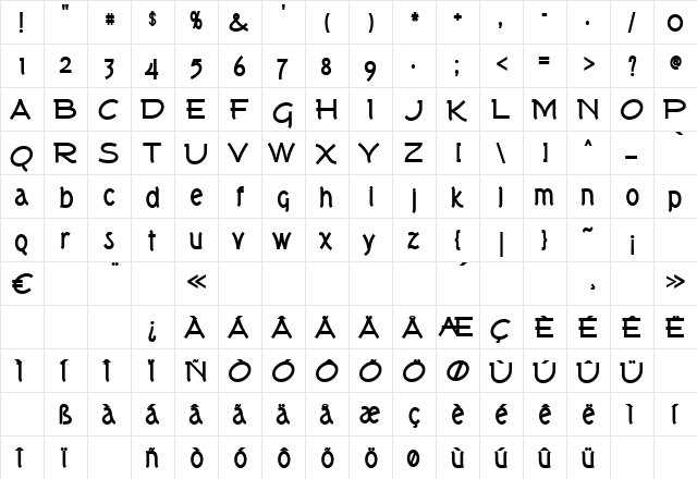 Tork Bold  glyph index