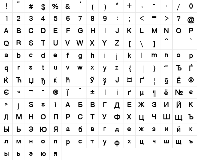 ArtsansLightC Bold  glyph index