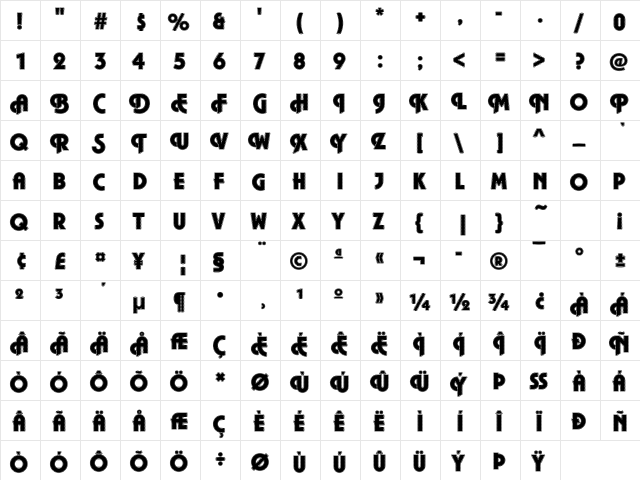 DTCPlazaM40 Regular  glyph index