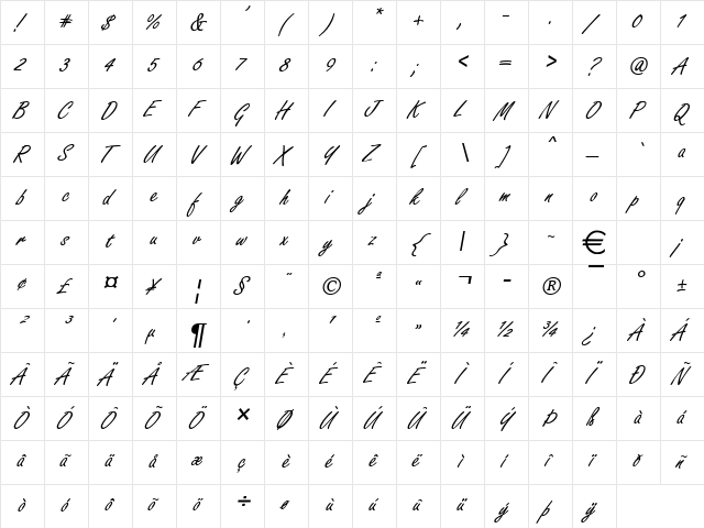 FreezeD Italic  glyph index