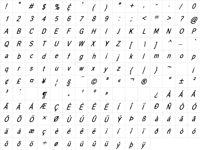 Corona Italic Regular  glyph index