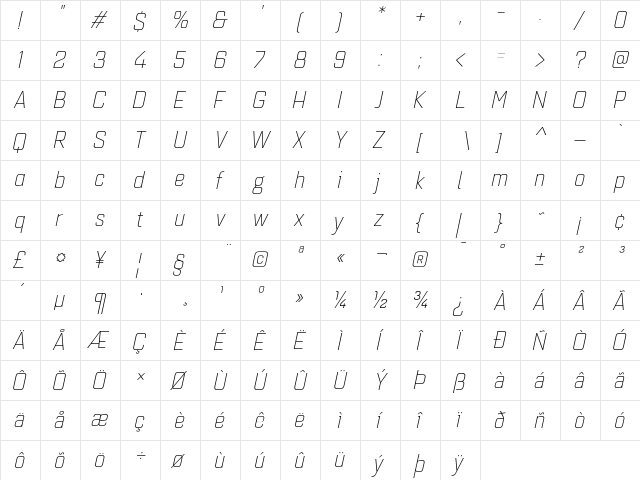 Quarca Norm Light Italic  glyph index