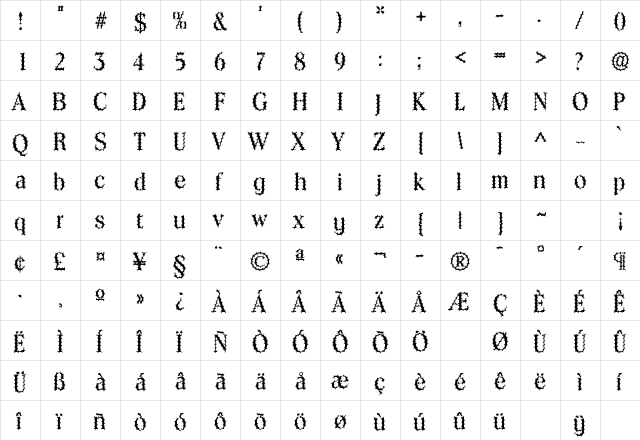Barbed SF Regular  glyph index